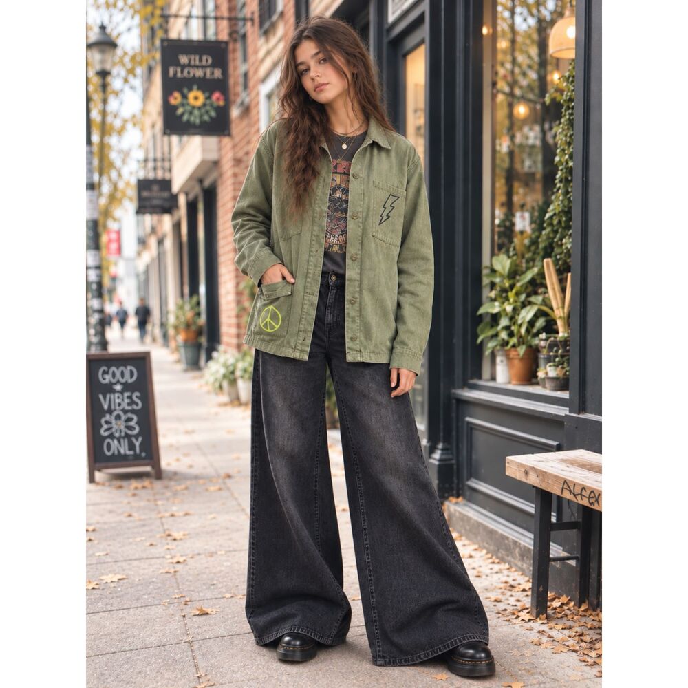 Ascot + Hart Olive Green Embroidered Lightning Bolt Utility Jacket, Size Medium